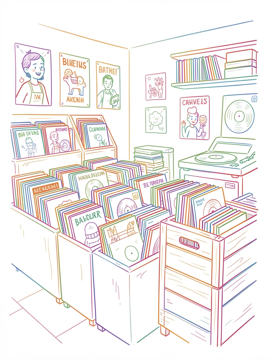 A vintage record shop interior with crates of albums to flip through.