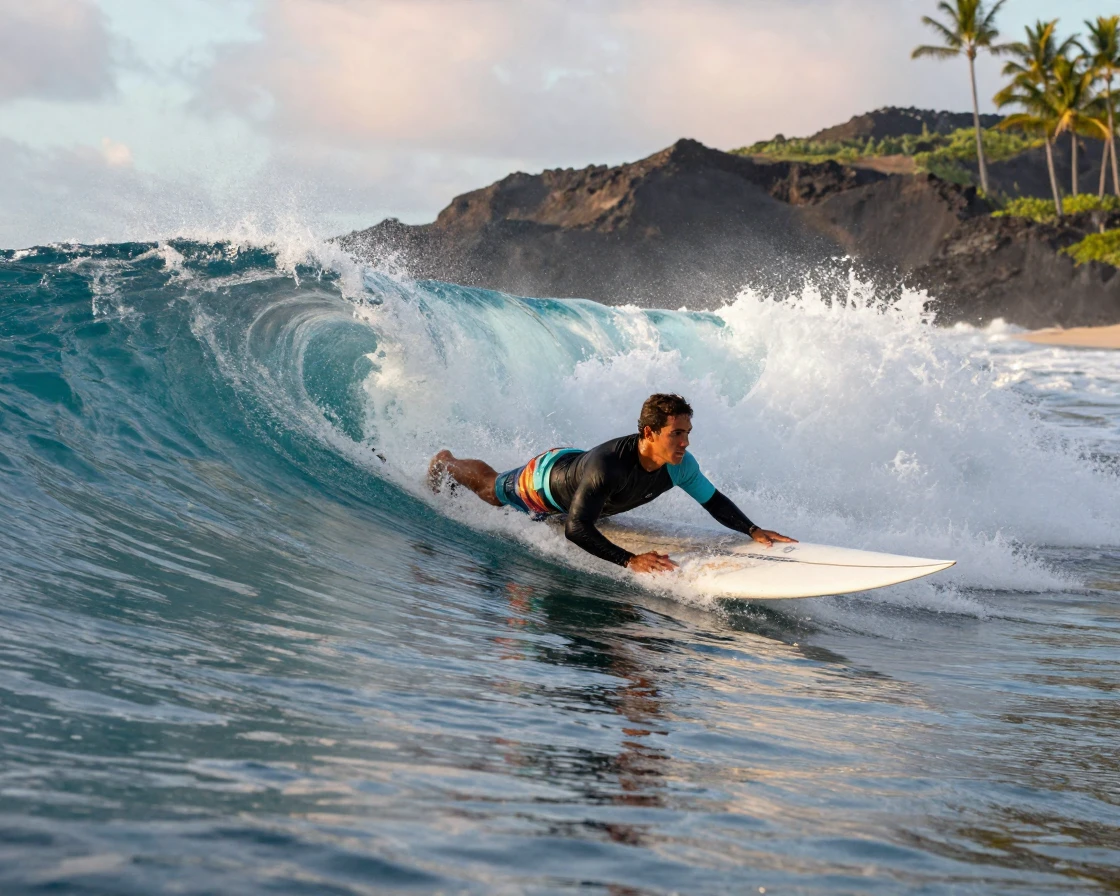 A surfer paddling out at a legendary Hawaiian break