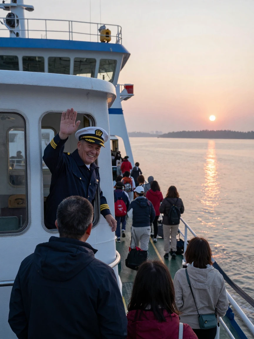 A ferry captain waves from the wheelhouse as passengers board at dawn.