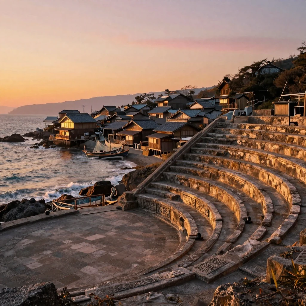 An ancient amphitheater bathed in warm light standing quietly along the coastline of a Japanese fishing village
