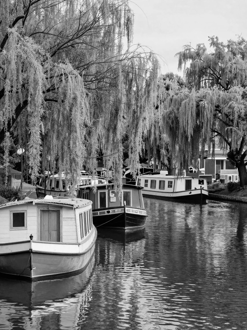 A row of houseboats floats along a quiet canal beside weeping willow trees.