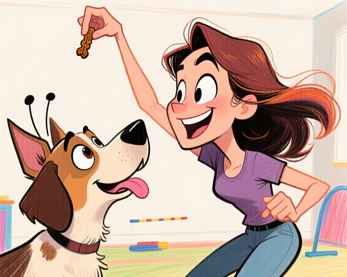 A woman training her dog to do a trick, treat held high, both focused intently.