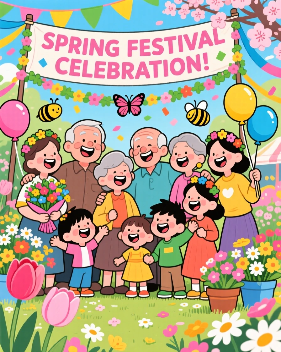 A festive celebration scene of a big extended family celebrating a colorful spring festival with flowers everywhere, surrounded by colorful decorations and streamers.