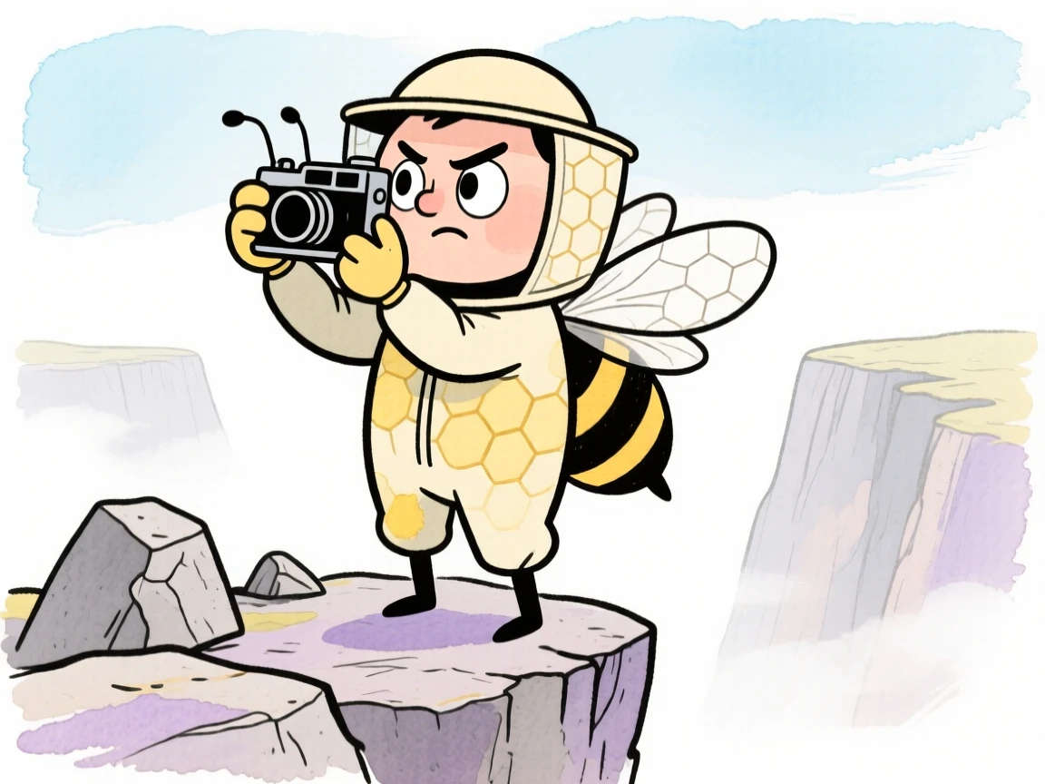 A beekeeper framing the perfect shot on a cliffside