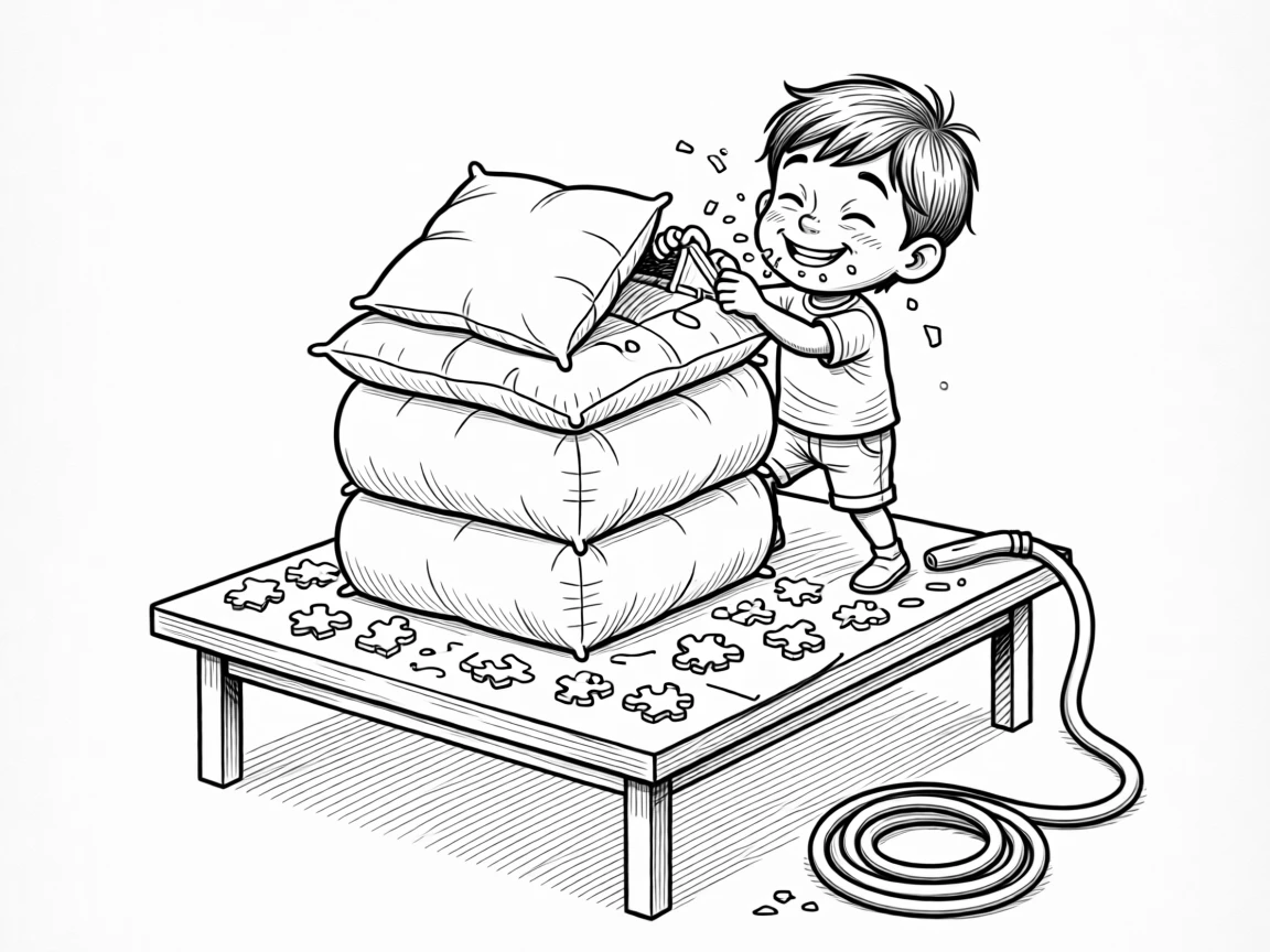 A child building an epic pillow fort fortress, grinning guiltily with crumbs scattered everywhere, set at a table scattered with puzzle pieces. A garden hose lies coiled like a sleeping snake. There's an innocent, giggly charm to the whole moment.