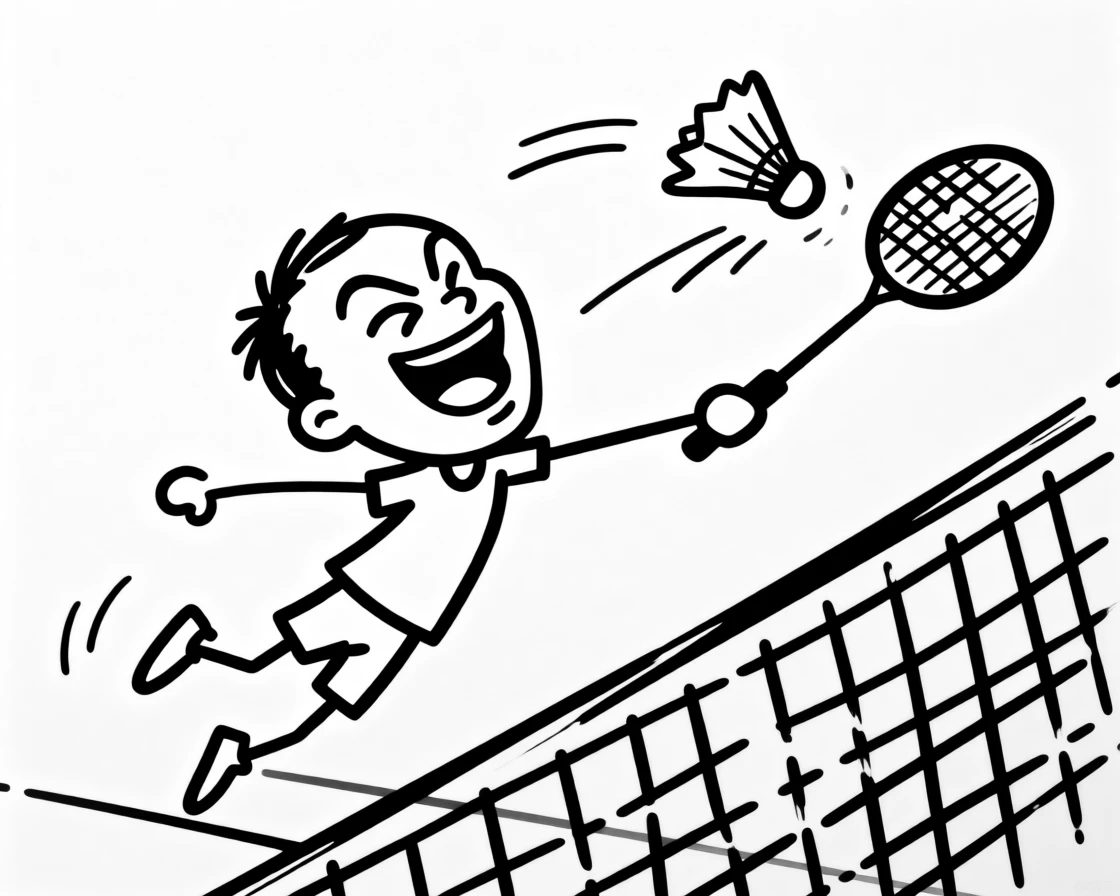 A badminton player leaping to smash the shuttlecock over the net.