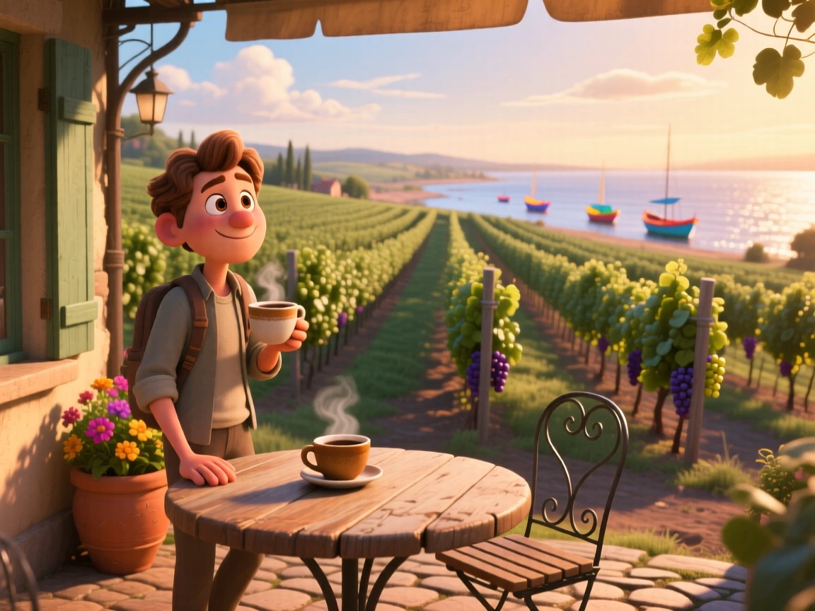 A traveler sipping coffee at a small cafe stands in a vineyard with rows stretching into the distance, sharing a quiet moment together. The scene feels vast, calm, and full of possibility, with small boats bobbing in the distance.