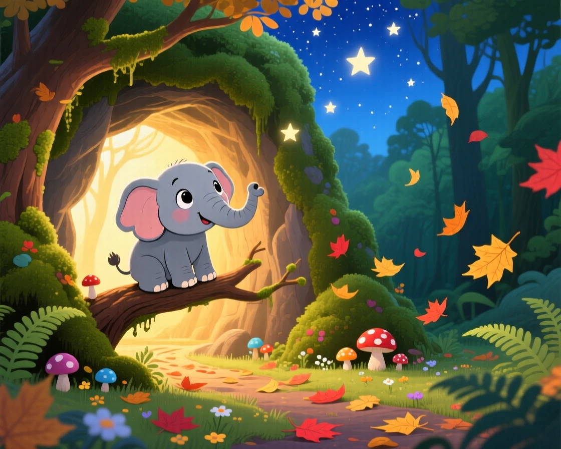 In the mouth of a mossy cave, a wobbly baby elephant spends the afternoon watching the stars from a treetop, with a trail of fallen leaves swirling around.