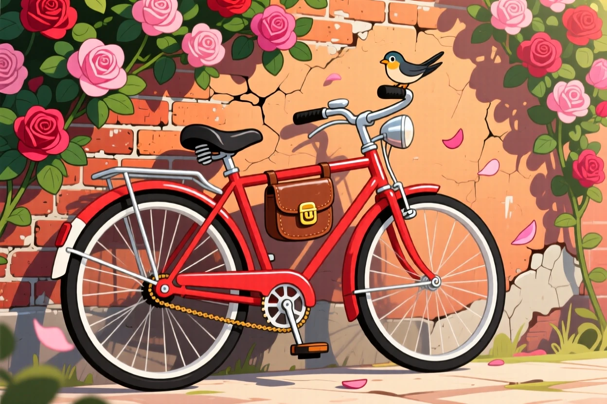A vintage bicycle leaning against a wall covered in climbing roses.