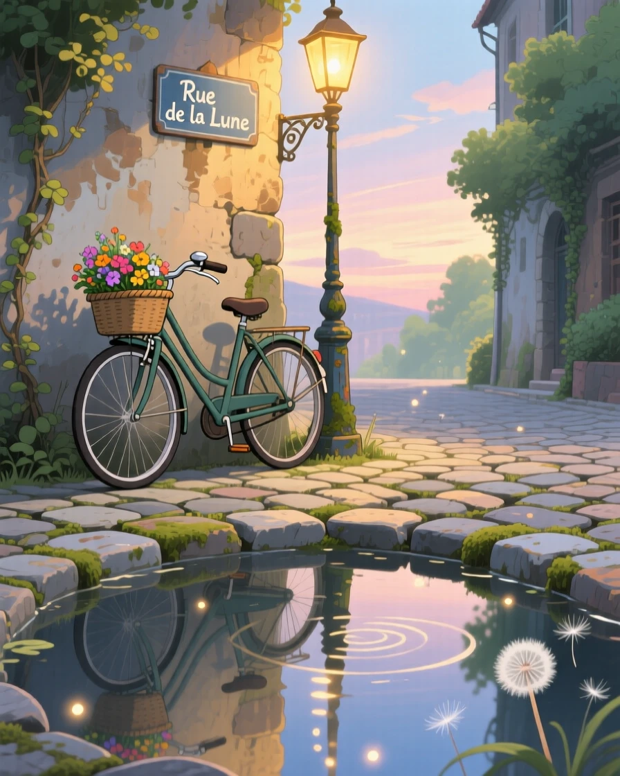A charming scene of a bicycle leaning against a lamppost on a cobblestone street, reflected in the still water below.