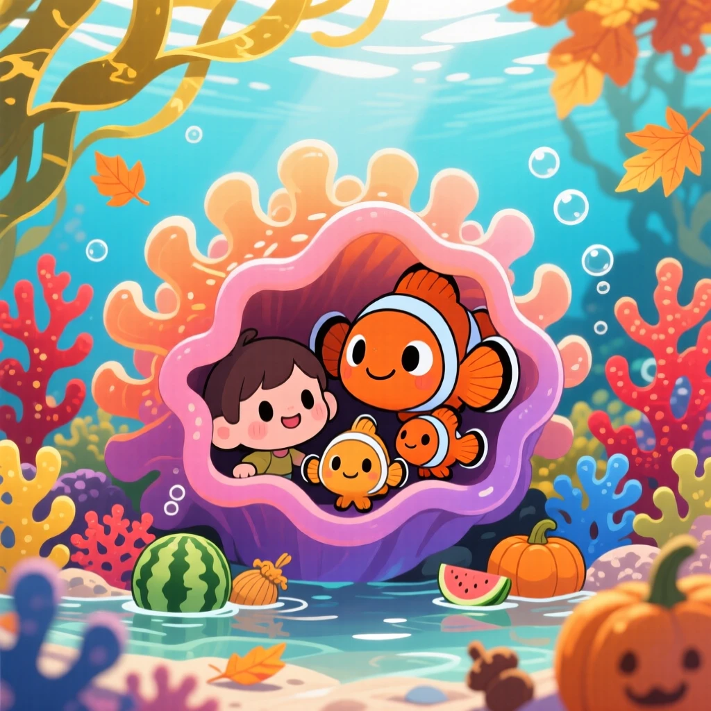 Full-body shot of a young clownfish family, playing hide and seek in an anemone, in a colorful coral reef, during golden autumn harvest season, illuminated by dappled sunlight through a canopy, radiating peaceful calm.