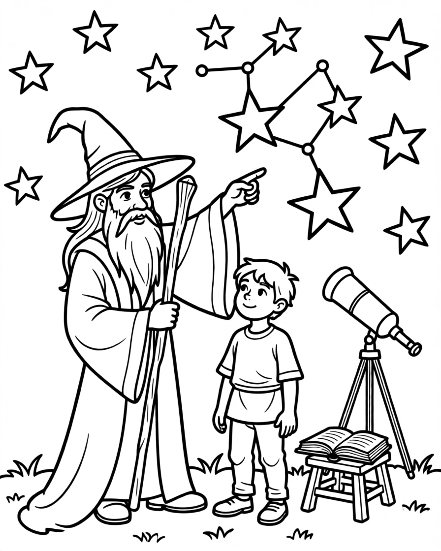 A wise wizard teaching a young apprentice how to read stars