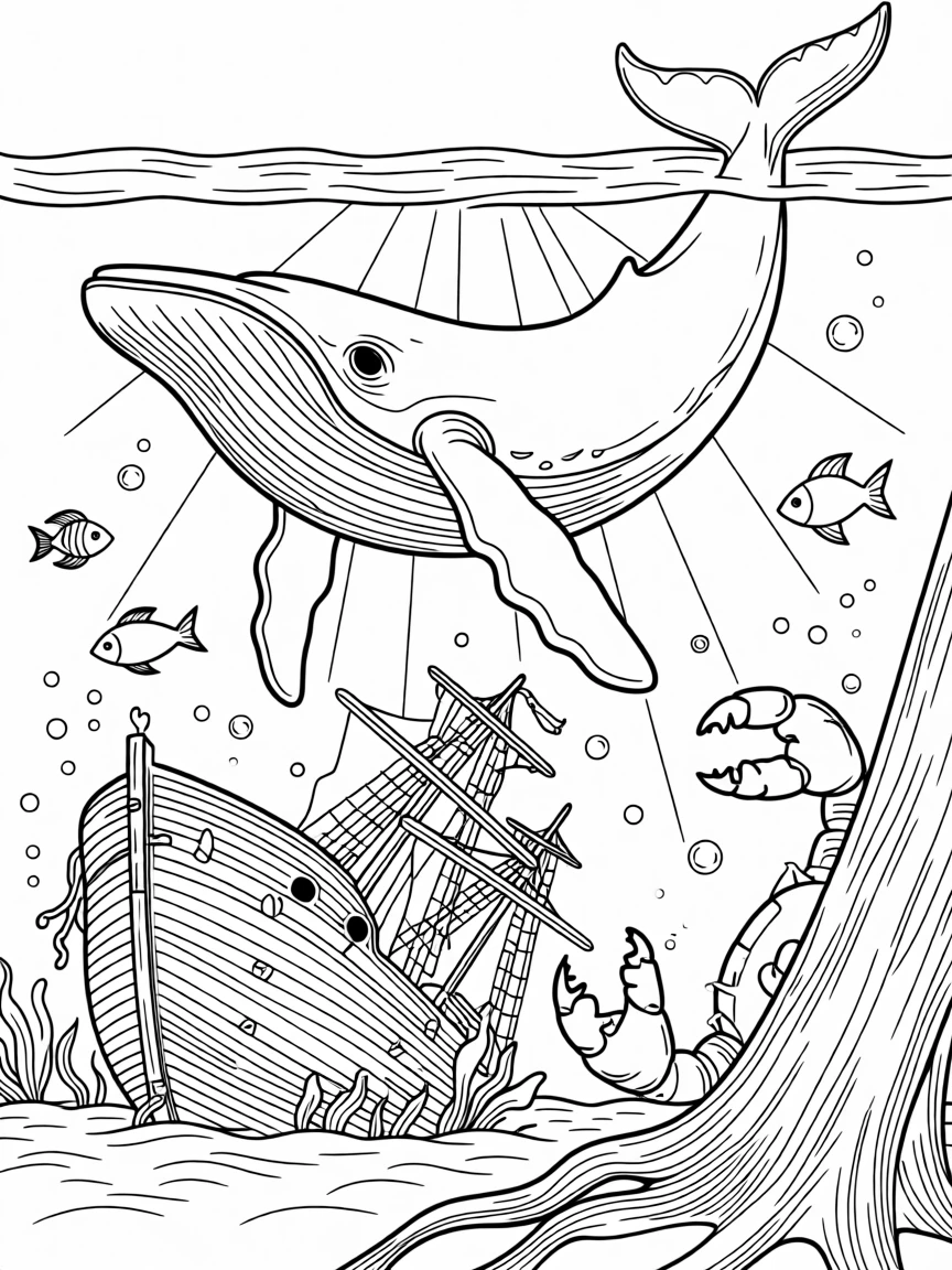 A breaching humpback whale cruising above a sunken shipwreck, with claws gripping the bark tightly.