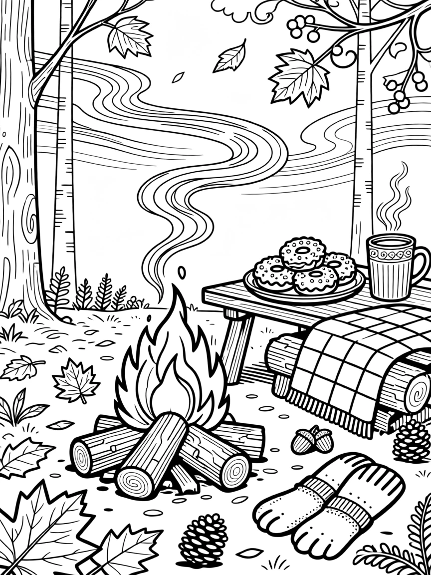 A cozy hot cider donut scene beside a crackling autumn bonfire.