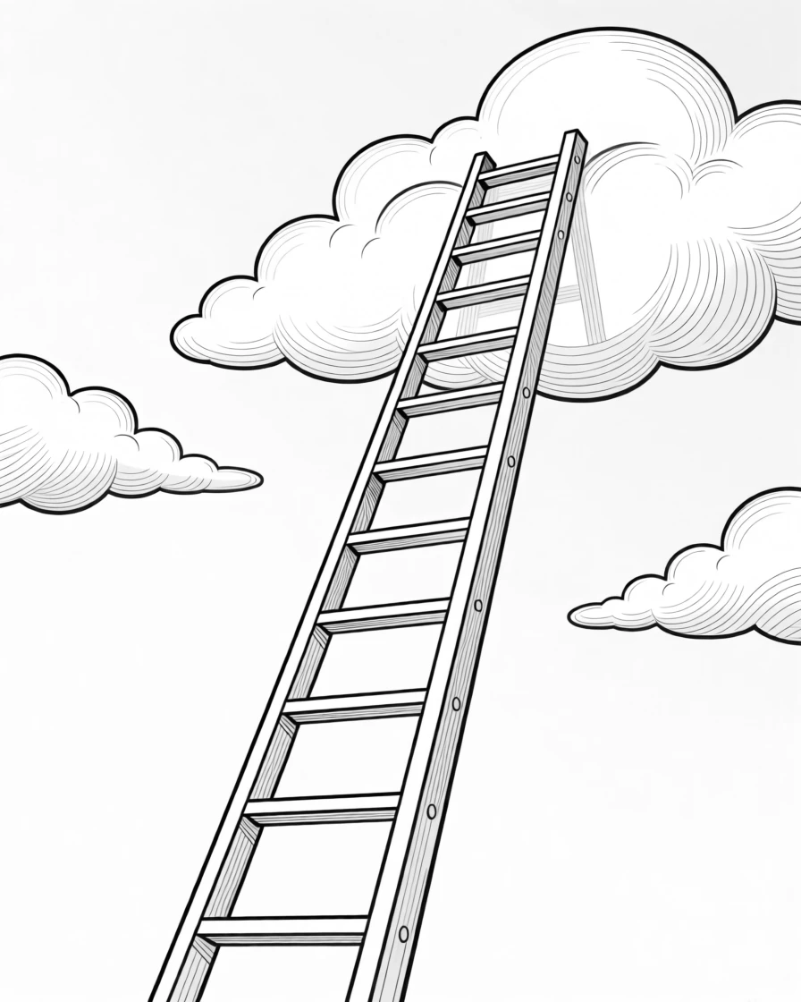 A ladder reaching toward the clouds symbolizing ambition