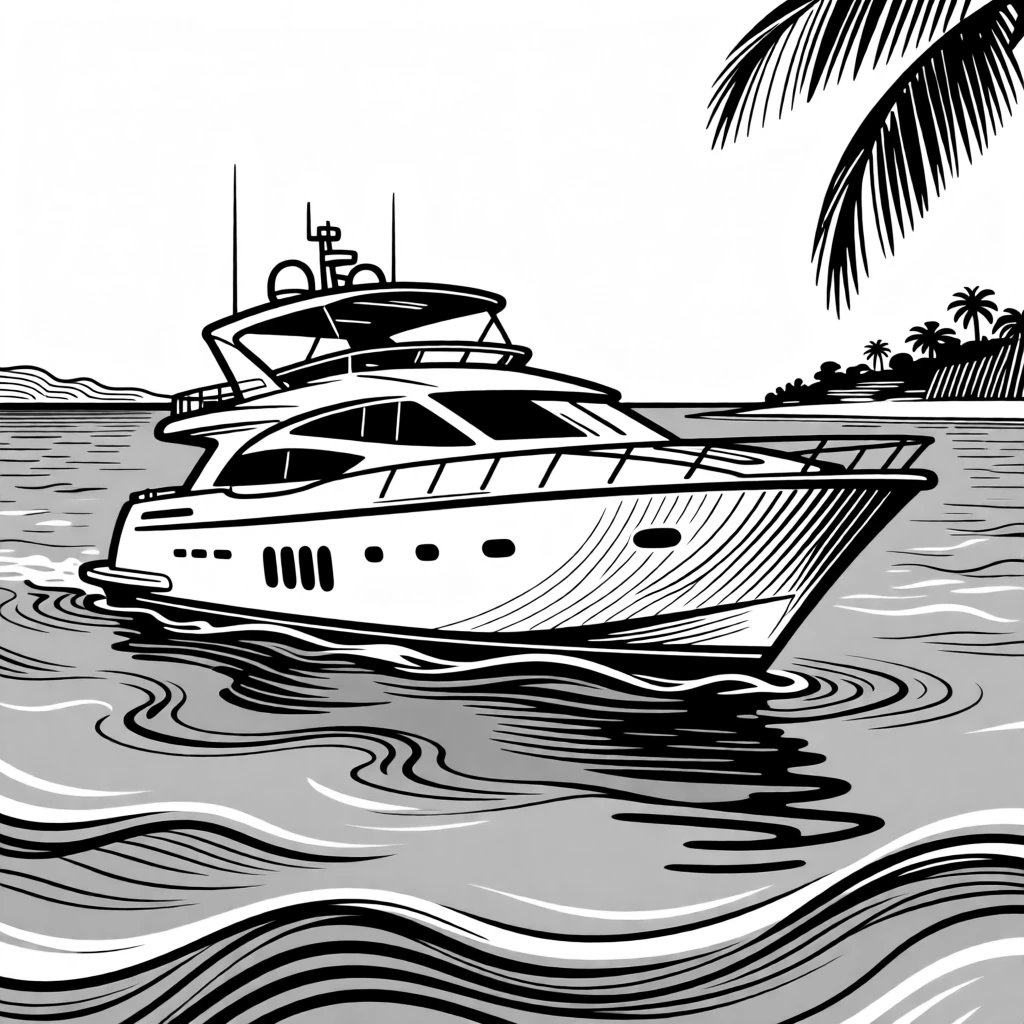 A gleaming yacht anchored in a turquoise tropical bay.