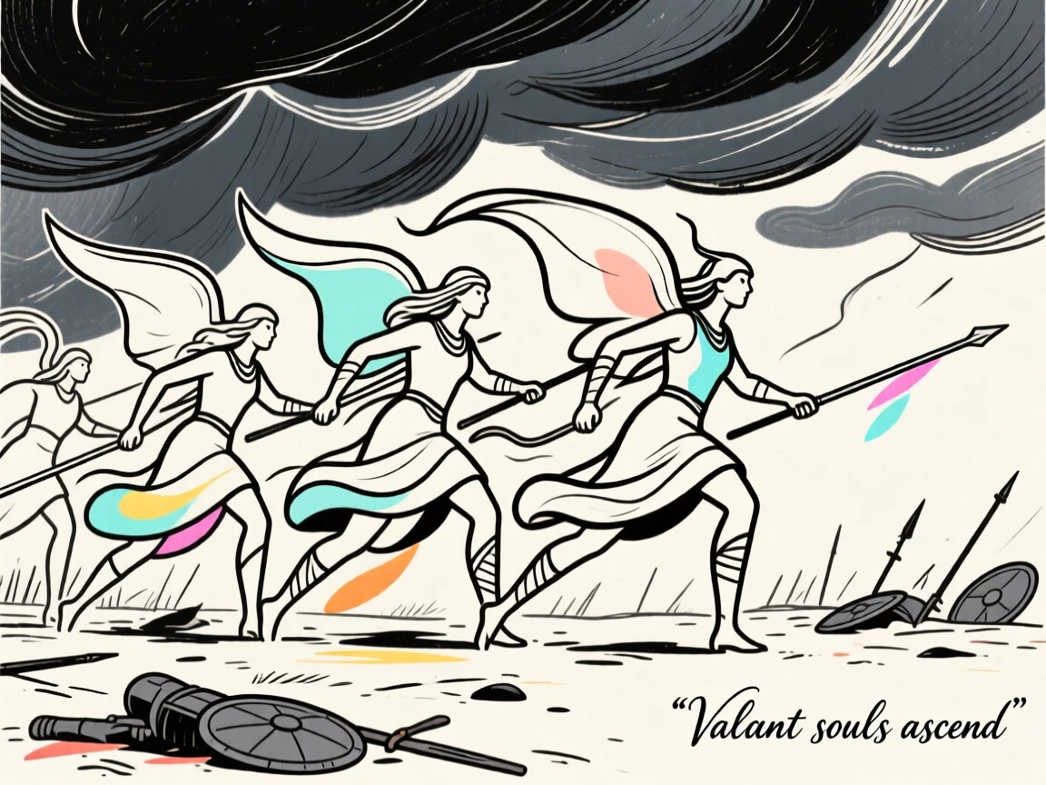 A group of Valkyries choosing fallen warriors on a battlefield beneath storm clouds.