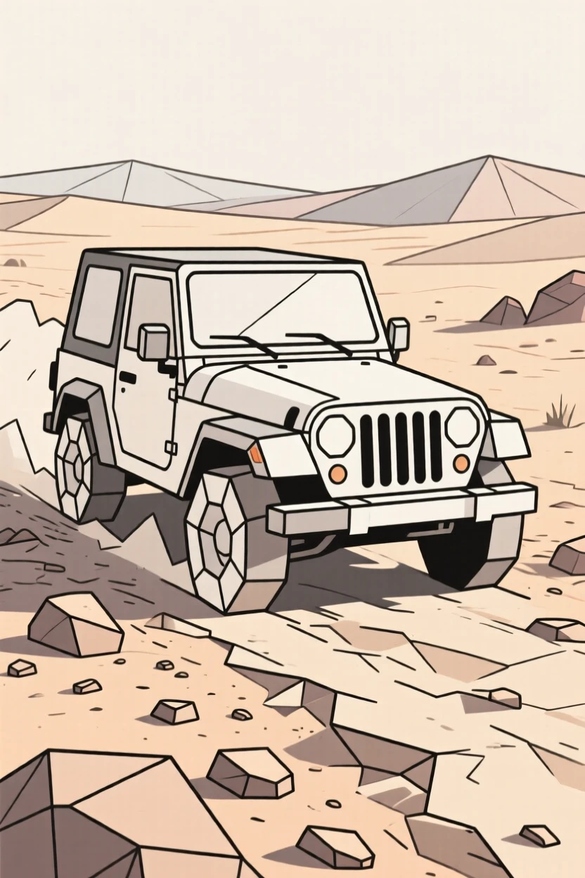 A jeep driving across a rugged desert trail