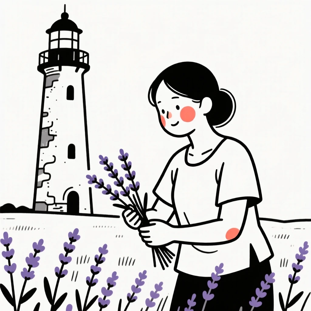 A grown woman of Thai heritage harvesting lavender in a summer field, beside an old lighthouse.