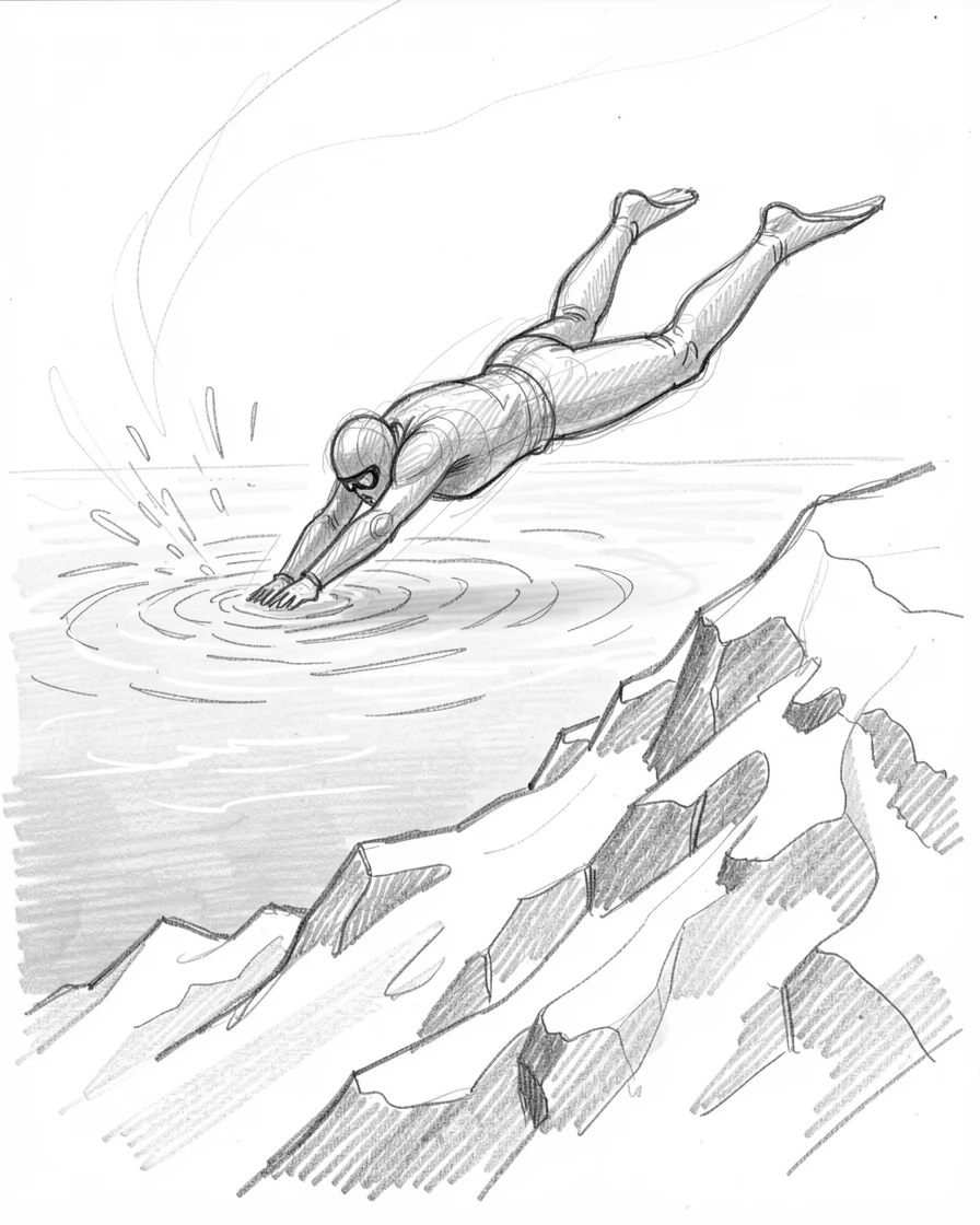 A diver plunging into crystal-clear water, atop a snowy mountain peak, with motion frozen in a dramatic instant.