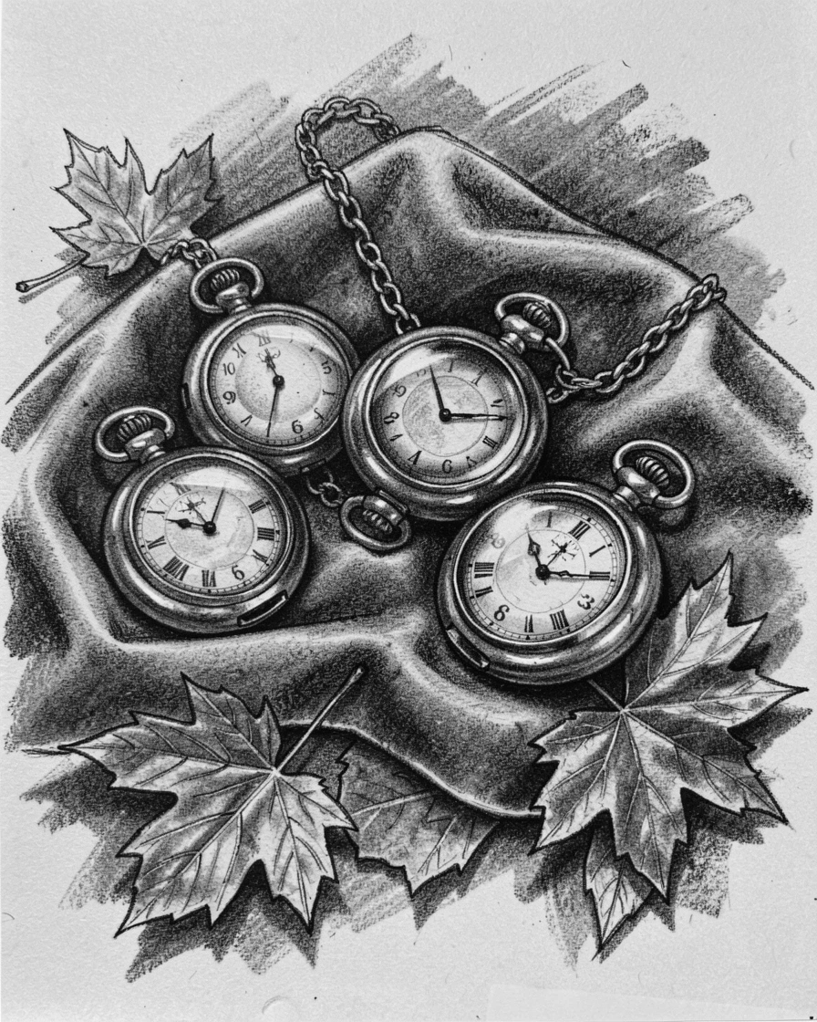 A collection of antique pocket watches on a velvet cloth, with autumn leaves scattered underfoot.