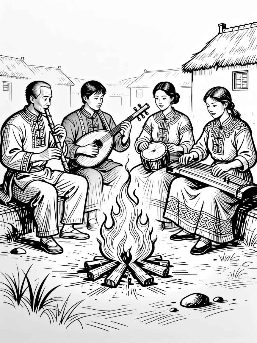 A group of musicians playing traditional instruments around a village bonfire.