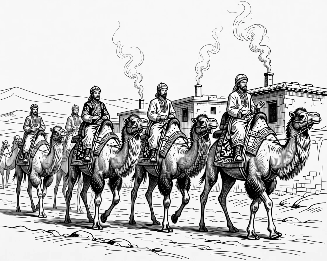 A caravan crossing the silk road as smoke rises gently from nearby chimneys, with a sense of ceremony in every gesture, portrayed in a vibrant with cultural pride historical scene.