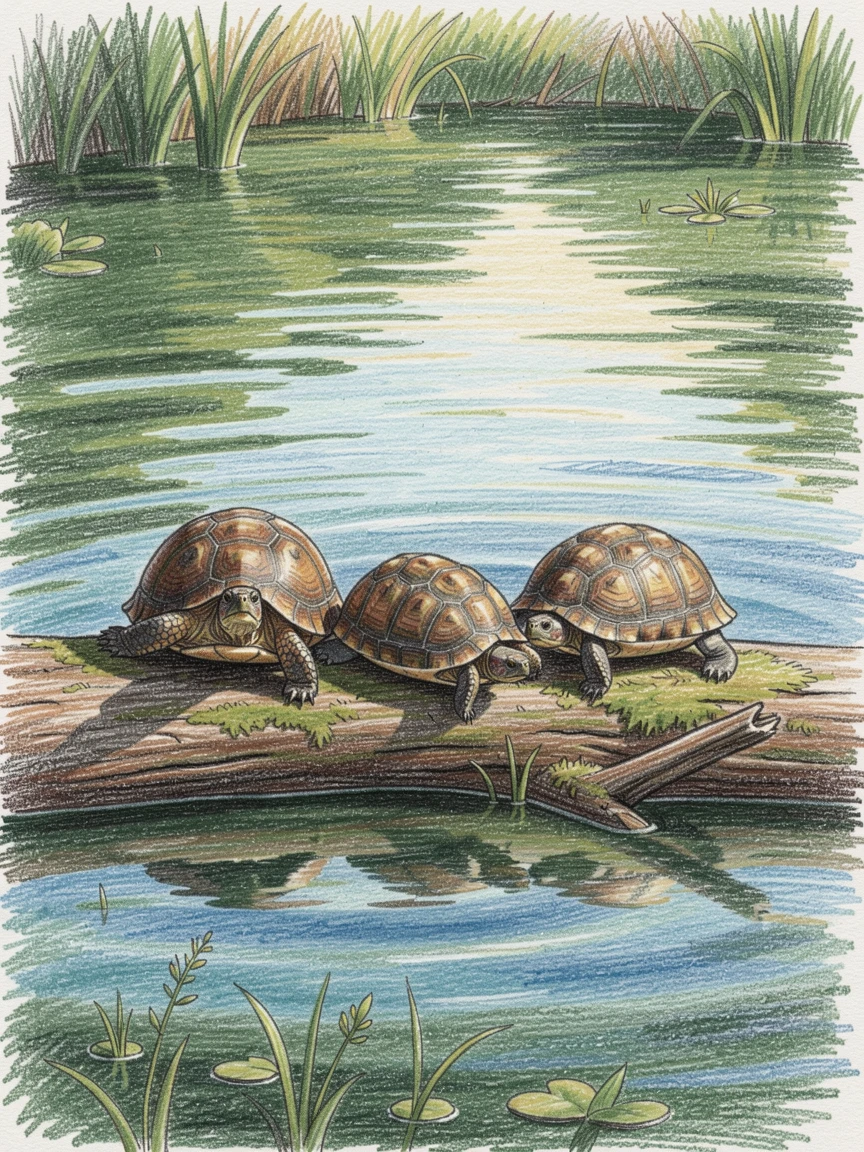 A peaceful pond with turtles sunning themselves on a log, captured in a quiet, intimate moment full of atmosphere, capturing a quiet story that lingers with the viewer.