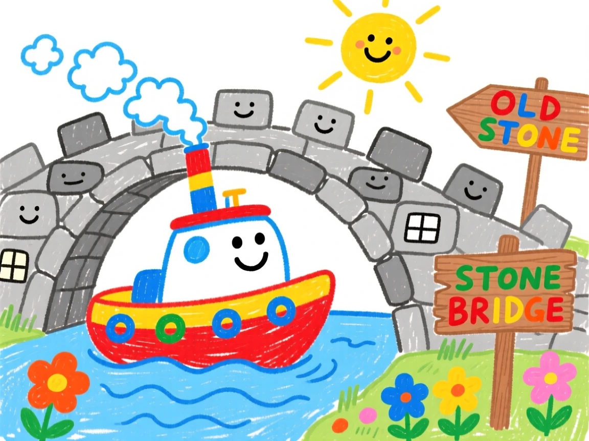 A small tugboat crossing an old stone bridge.