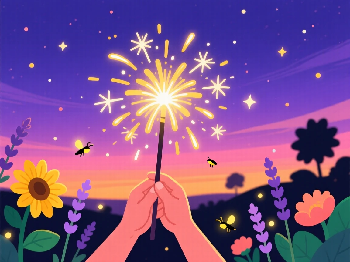 A summer sparkler celebration glowing against a twilight sky, surrounded by the colors typical of the season, arranged with seasonal colors creating a cohesive mood, with charming small details that evoke the season perfectly.