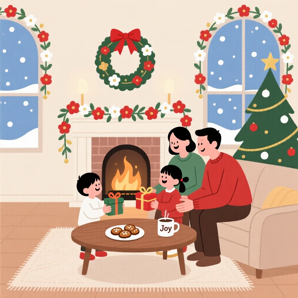 A winter celebration with garlands of flowers filling a family home.