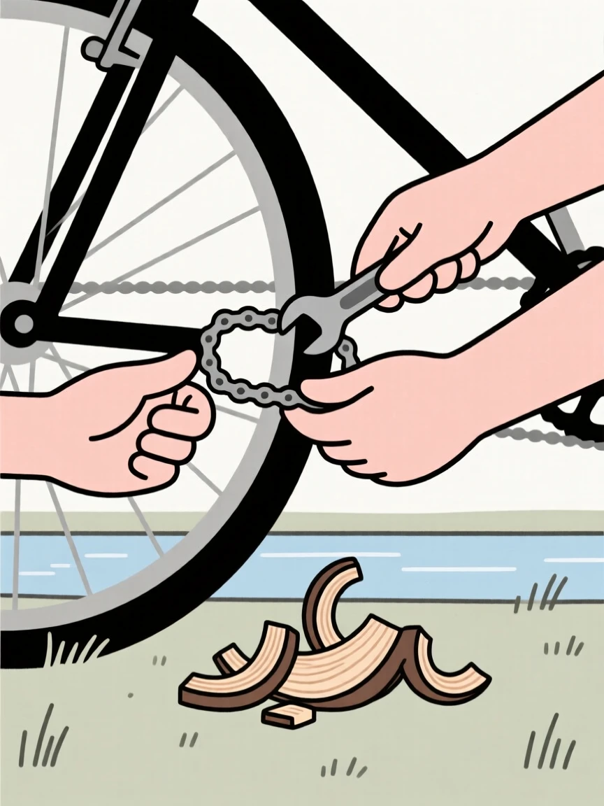 A close view of hands repairing a bicycle near wood shavings in a riverside meadow, full of joyful discovery.