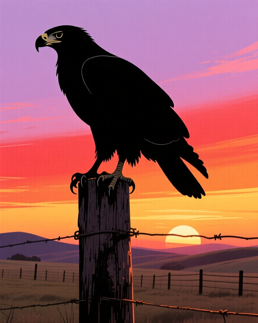 A single hawk perched on a fence post overlooking an open ranch.