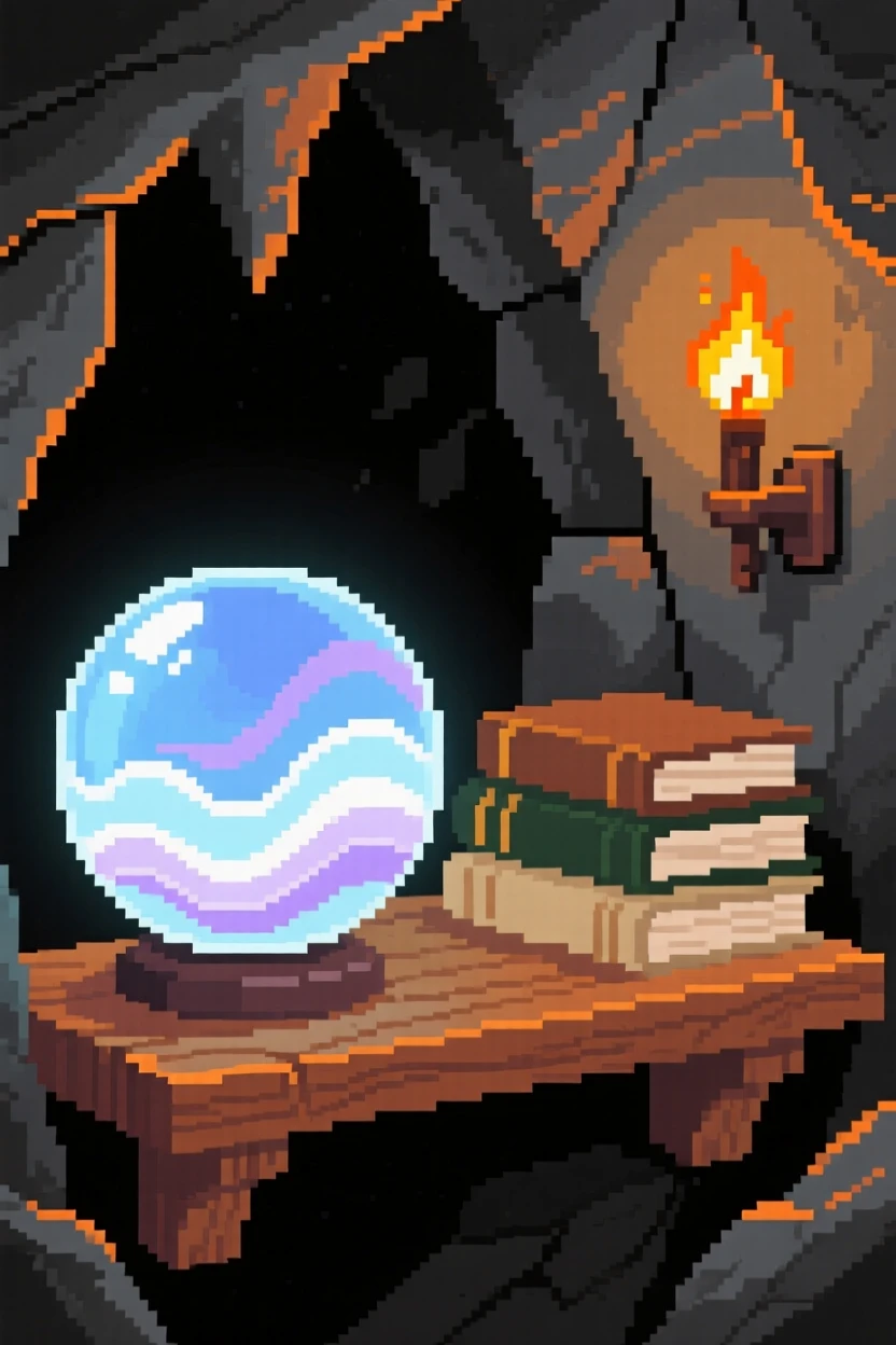 A crystal orb swirling with light sitting on a shelf beside dusty books, within a cave lit by torchlight.