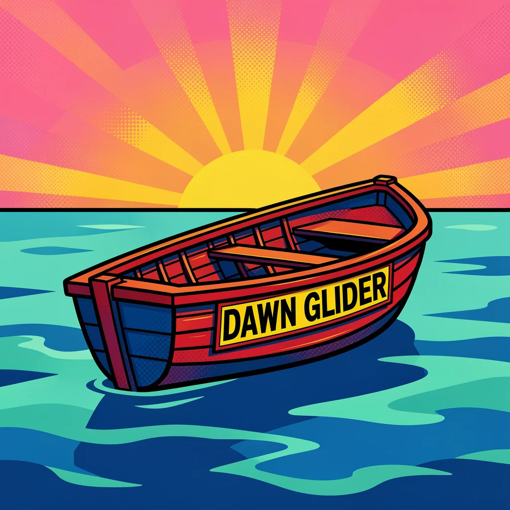 A wooden rowboat resting on a still lake at dawn