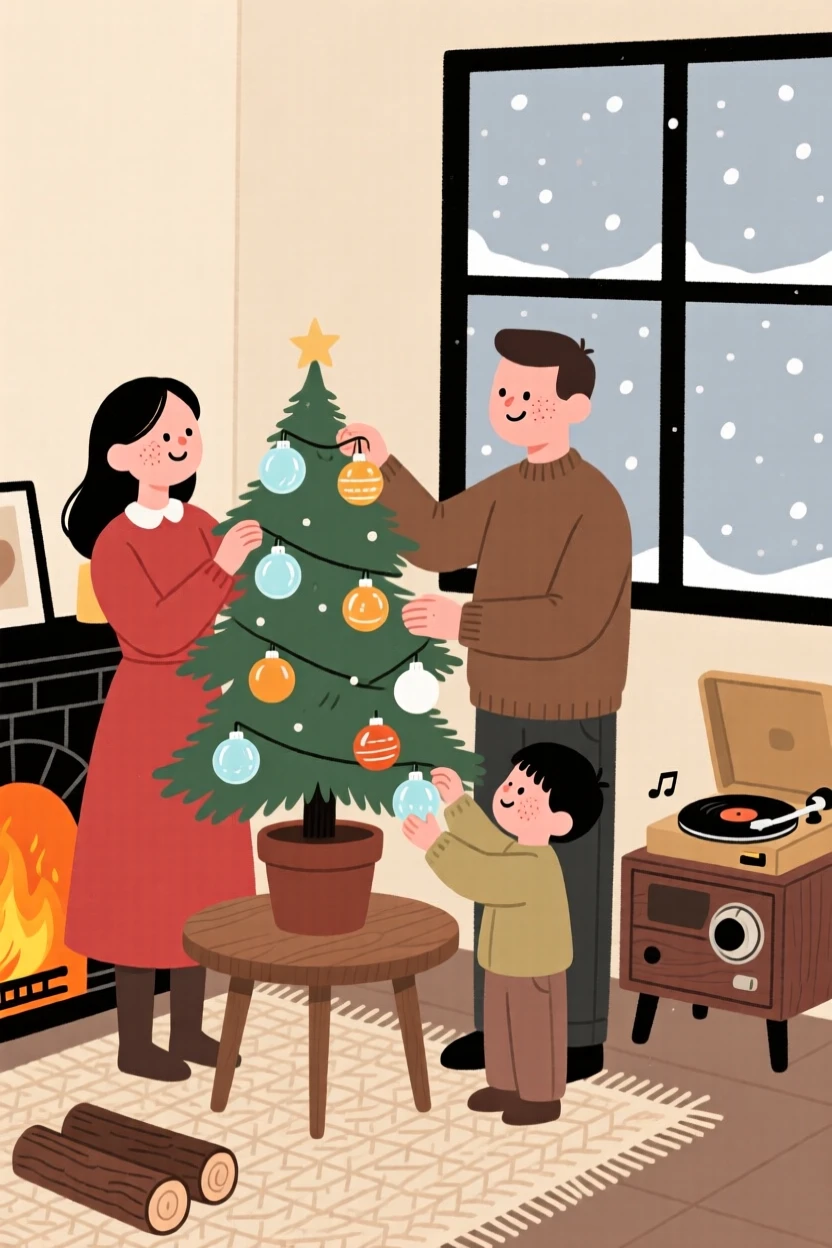 A family decorates a small potted fir with antique glass baubles while a crackling fireplace and soft music plays softly and the first snow of winter falls outside the window.