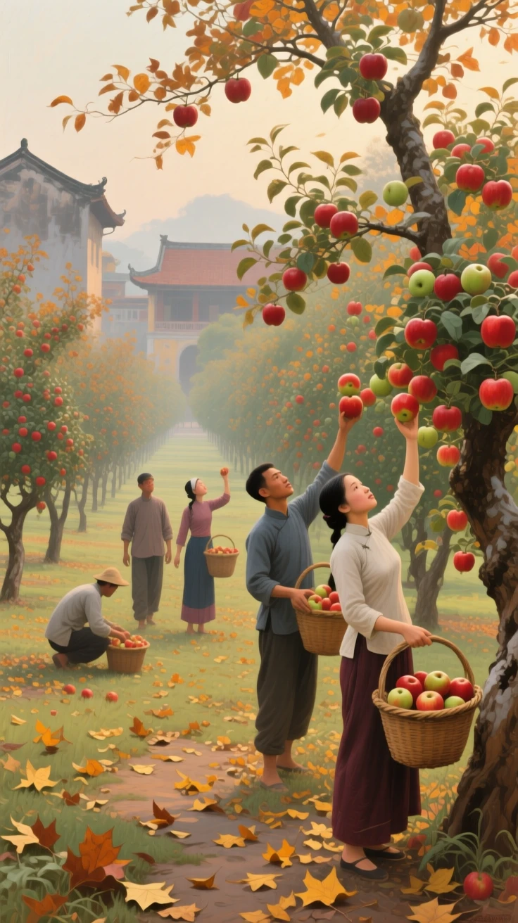 An expansive vista of an orchard where workers pick ripe apples from laden branches, as autumn leaves turn gold, in old Hanoi.