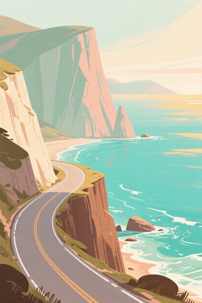 A winding coastal road hugging tall cliffs above a sparkling turquoise bay