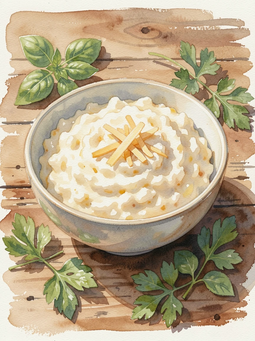 A bowl of creamy risotto with parmesan shavings on a rustic wooden table garnished with fresh herbs.