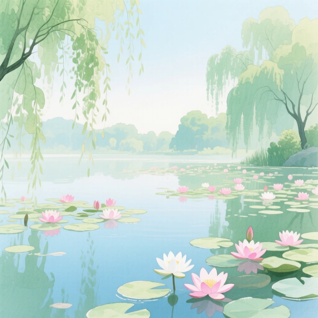 A tranquil pond covered in blooming lotus flowers surrounded by weeping willows on a calm summer morning