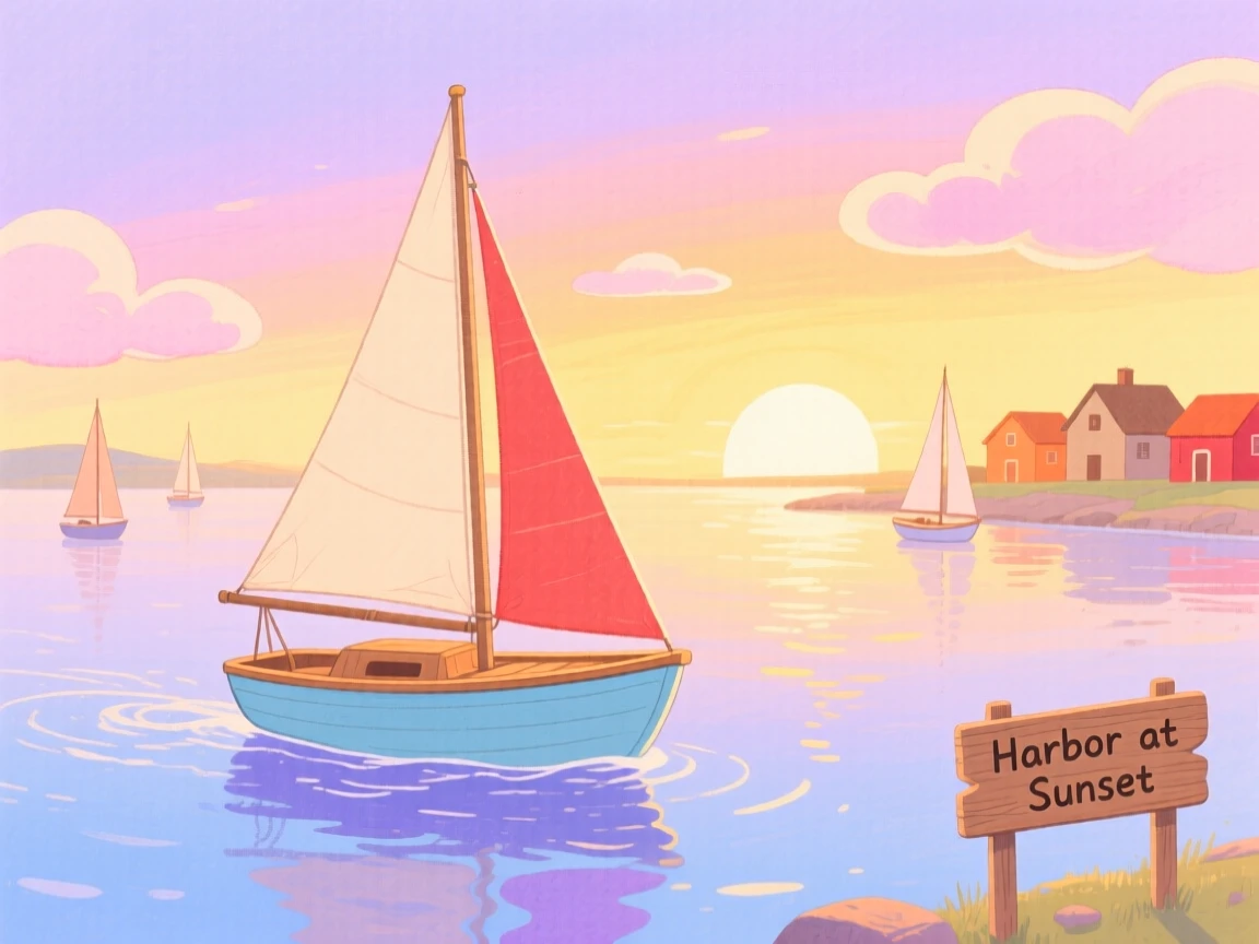 A charming scene of a small sailboat gliding across a calm harbor at sunset.