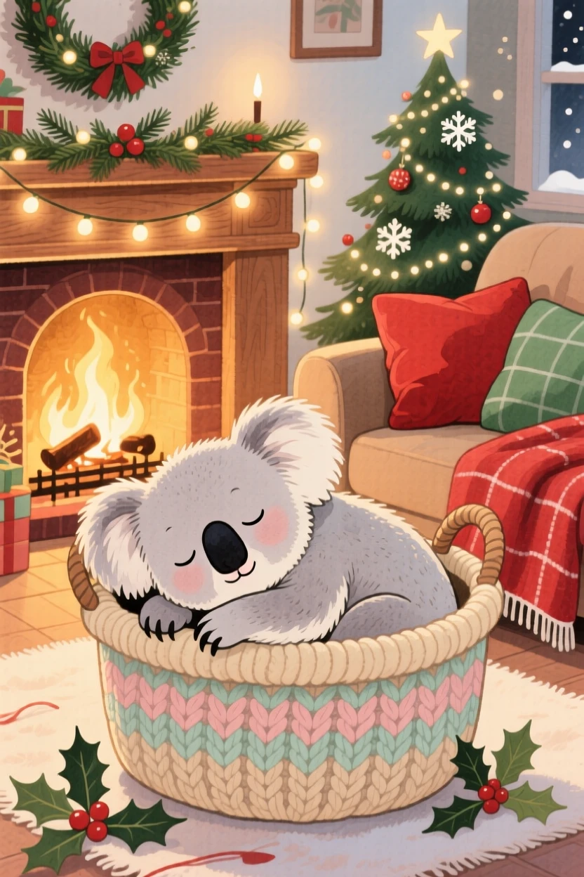 A sleepy koala curling up inside a knitted basket, set in a snug living room decorated for the holidays, evoking warmth and gentle affection.