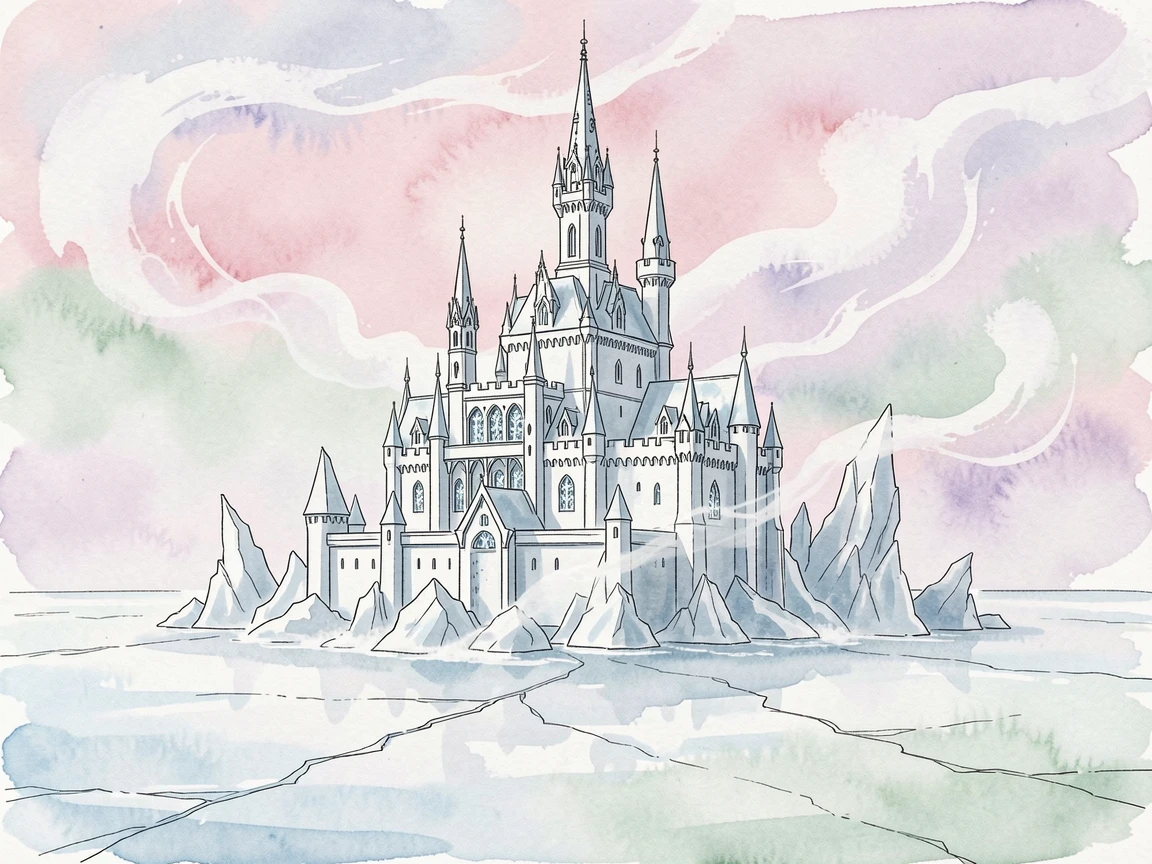 A castle built entirely of ice atop a frozen northern sea, swirling light and mist adding a dreamlike quality.