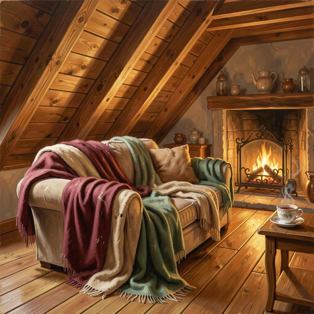 A cozy attic bedroom beneath sloped wooden beams, with soft blankets draped over a well-loved sofa, a fire crackling softly in the background, during a cozy winter evening.