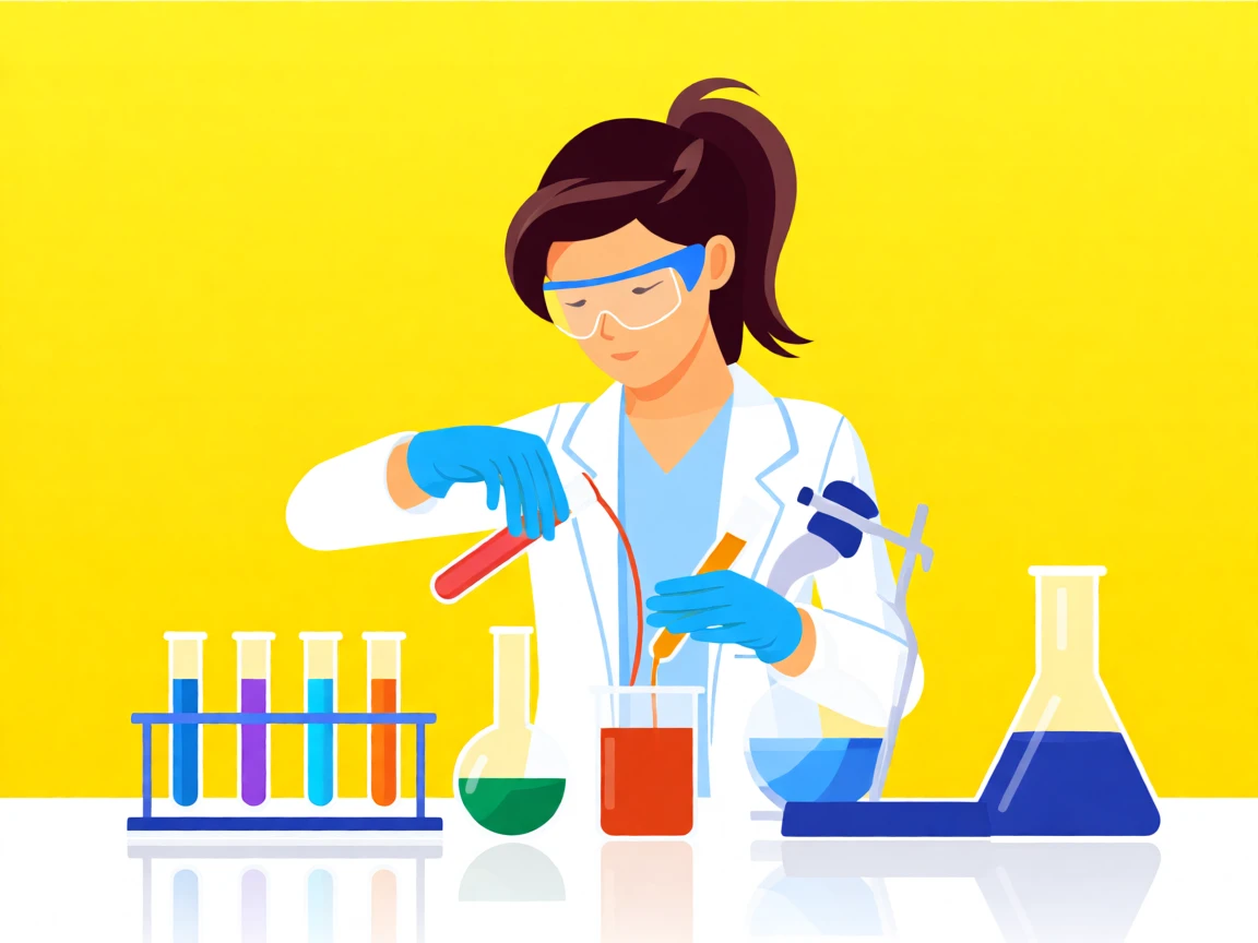 Illustration of a female scientist in a lab, conducting experiments with test tubes and beakers on a bright yellow background.