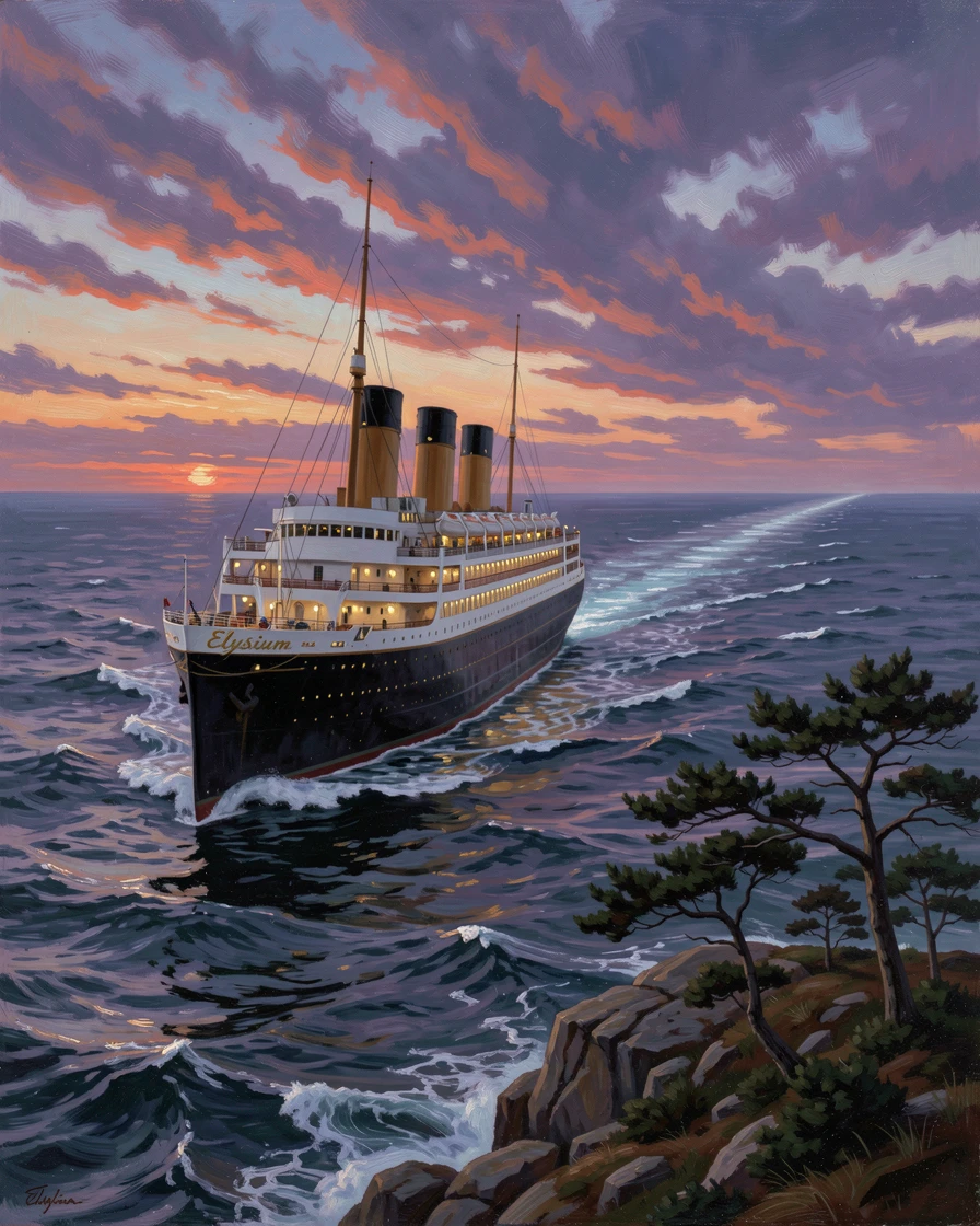 An ocean liner docks safely at an open ocean at dusk as the wake stretches for miles.
