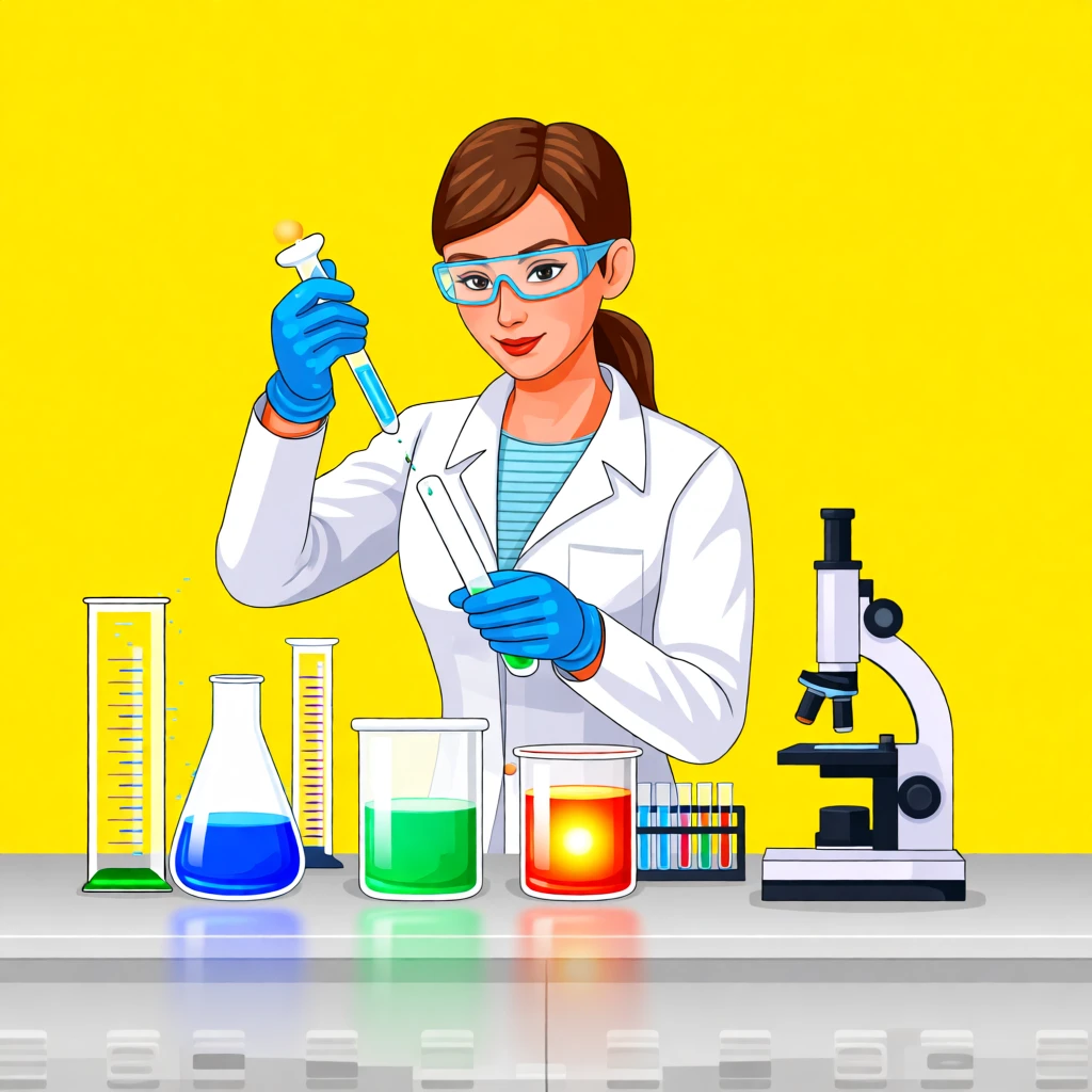 Illustration of a female scientist in a lab, conducting experiments with test tubes and beakers on a bright yellow background.