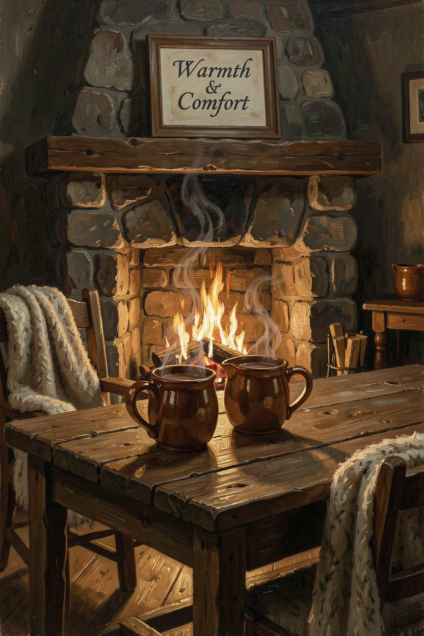 A cozy winter evening with mugs of hot cocoa by a roaring fire, with warm, inviting light glowing throughout the scene, capturing the warmth, joy, and magic of the season