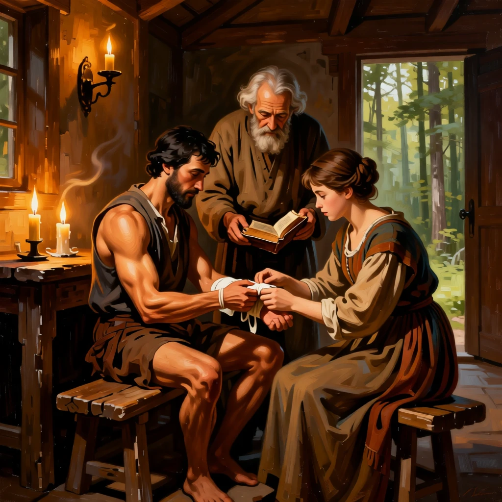 A wounded traveler receiving care and shelter from a compassionate stranger as ancient wisdom passes gently to the next generation, set within a humble village at the edge of a quiet forest, with candles flickering steadily despite an unseen breeze; a low, humble viewpoint elevates the sacred over the everyday, radiating compassion, faith, and gentle hope.