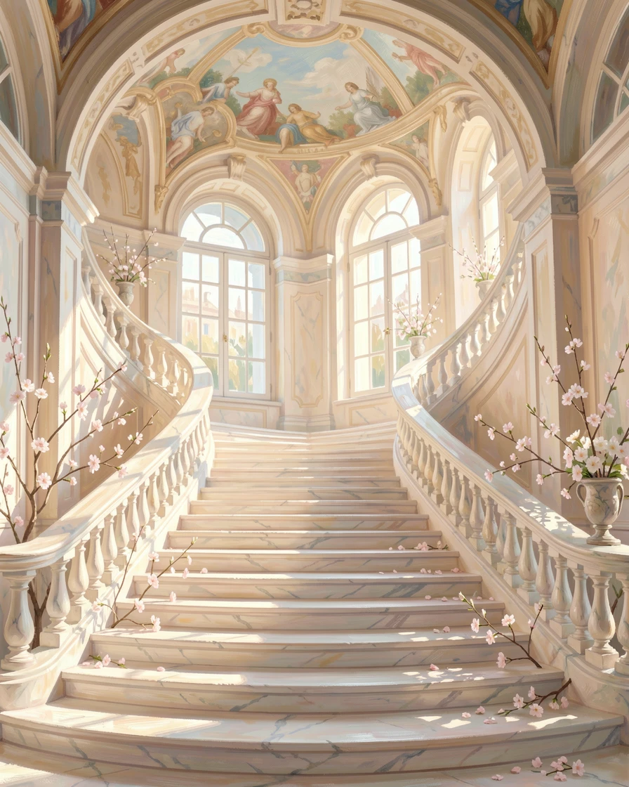 A grand staircase in a European palace, marble steps curving beneath a painted ceiling, just as the first blossoms of spring appear, capturing a fleeting moment of pure happiness.